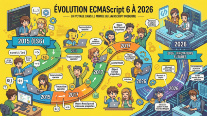 Infographic showing JavaScript evolution from ES6 in 2015 to 2026 innovations