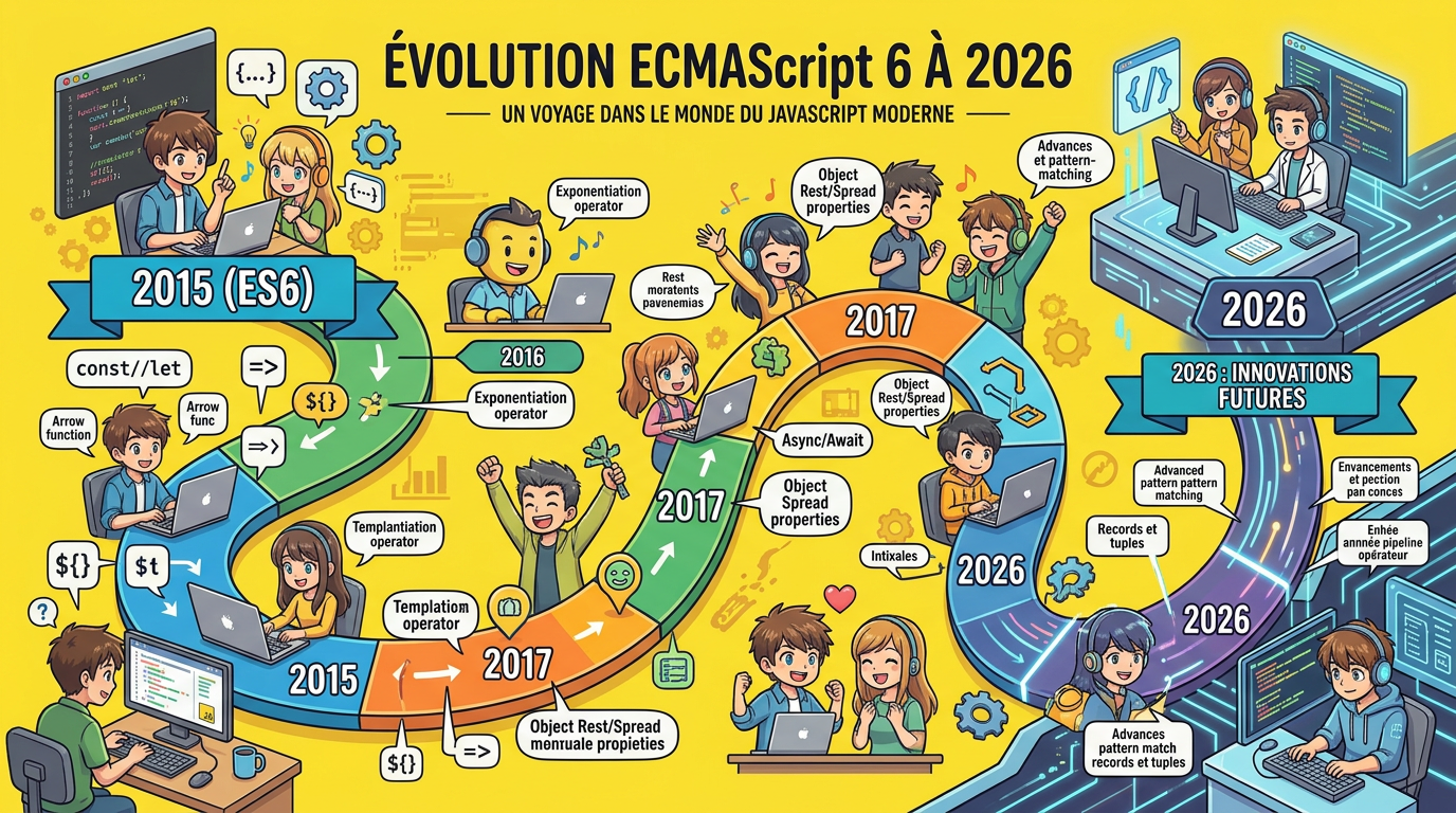 Infographic showing JavaScript evolution from ES6 in 2015 to 2026 innovations